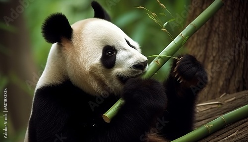 Giant panda bear eating bamboo   ai  ai generative  illustration