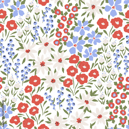 tiny bloom meadow flowers elements branches berry boho garden leafs wedding invitation clipart seamless pattern