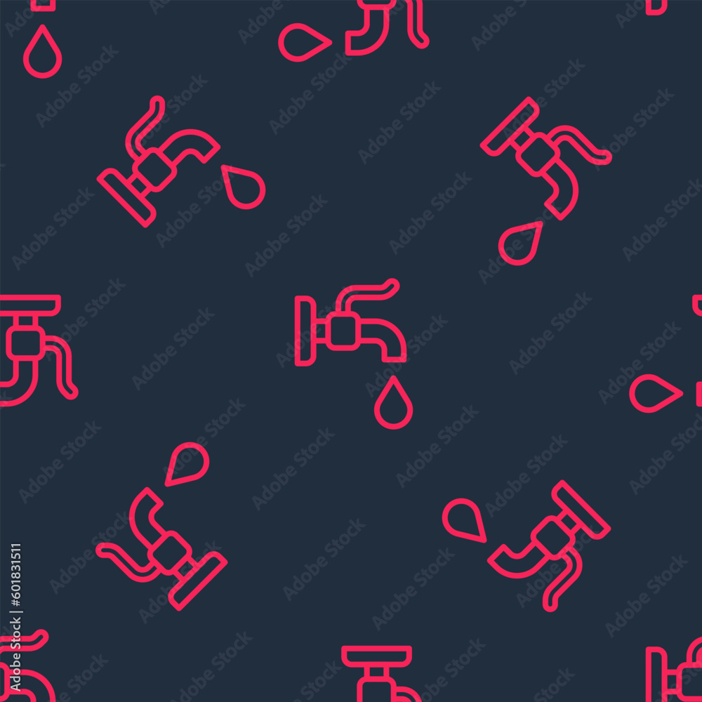 Red line Water tap icon isolated seamless pattern on black background. Vector Red line Water tap icon isolated seamless pattern on black background. Vector