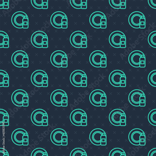 Green line Dishwashing liquid bottle and plate icon isolated seamless pattern on blue background. Liquid detergent for washing dishes. Vector