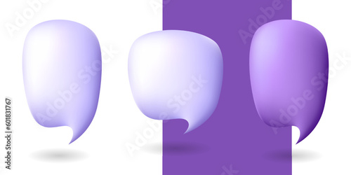 Realistic 3D speech purple bubble set isolated on white background. Chatting and message box, communication, web, social network media post concept. Vector illustration