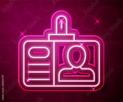 Glowing neon line Identification badge icon isolated on red background. It can be used for presentation, identity of the company, advertising. Vector