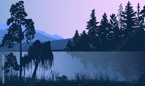 Natural landscape with trees, mountains, lake, sunstet. Vector illustration