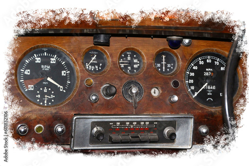 vintage car instruments , old dials and radio on wooden dashboard, rpm, petrol, speed miles per hour , temperature, with old style car radio on transparent background . 