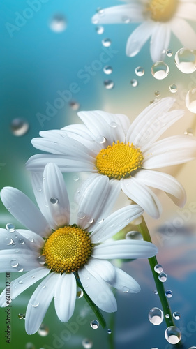 Blooming daisy flowers with drops of water close-up background. Summer wallpaper. Ai generated