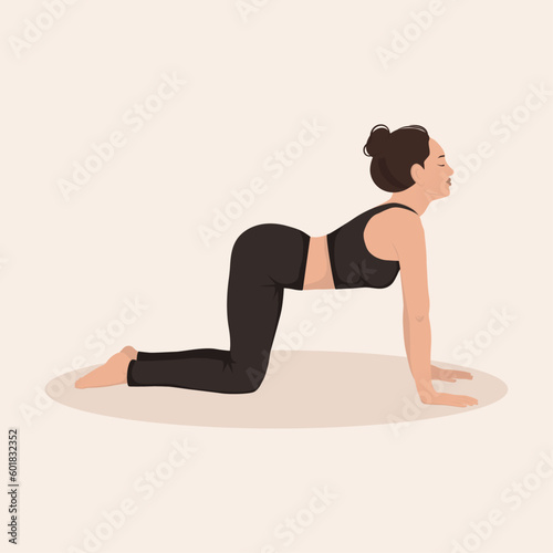 Young woman perfoming yoga exercise Cow Pose, and demonstrating yoga asana Bitilasana on light background. Flat vector illustration