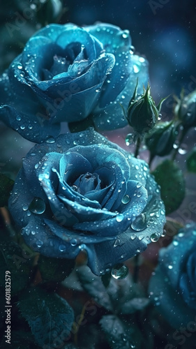 Blooming blue roses with drops of water close-up background. Ai generated