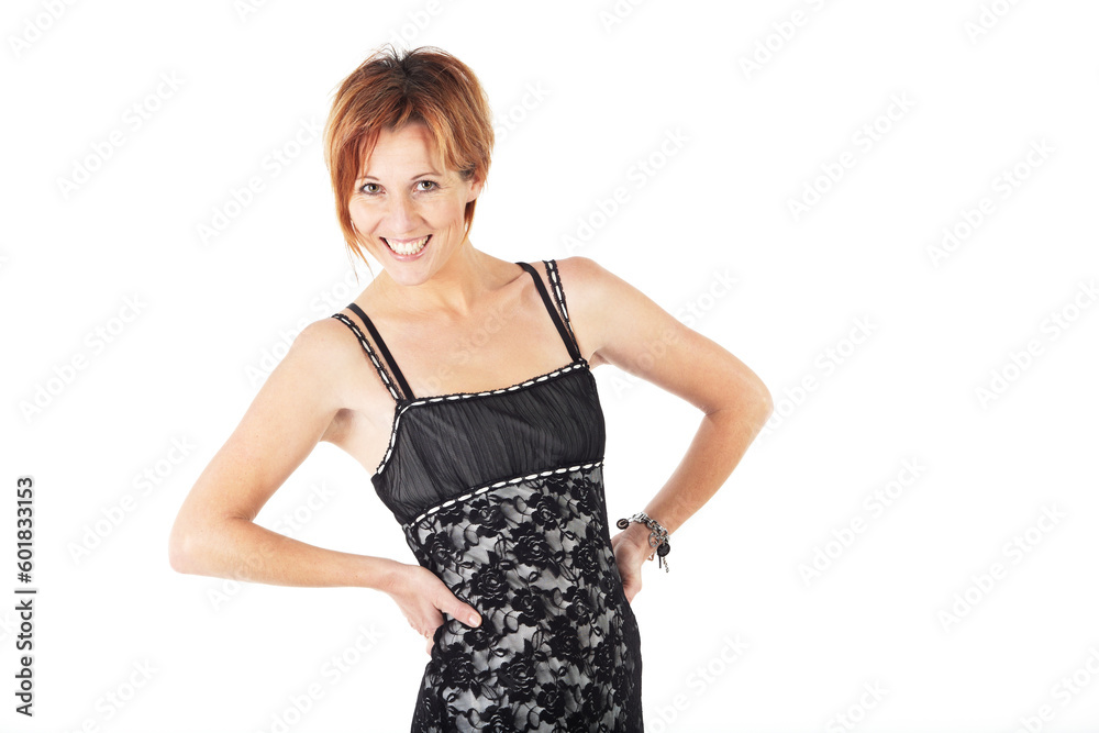 Beautiful adult caucasian woman with short streaked red hair in various poses, shot on a white background. Not Isolated, part of a series Beautiful adult caucasian woman with short streaked red hair in various poses, shot on a white background. Not Isolated, part of a series