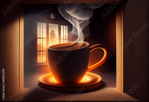 Steamy coffee cup in a wooden background. Generative AI