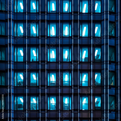 blue lighting skyscraper abstract background, design of windows and lights, ai generated