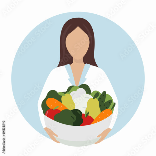 Nutritionist concept. Vector cartoon faceless woman with vegetables and fruits bowl. Diet planner. Nutrition therapy with healthy food.