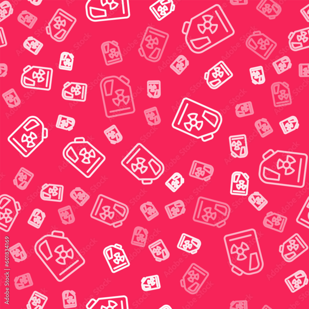 White line Radioactive waste in barrel icon isolated seamless pattern on red background. Toxic refuse keg. Radioactive garbage emissions, environmental pollution. Vector