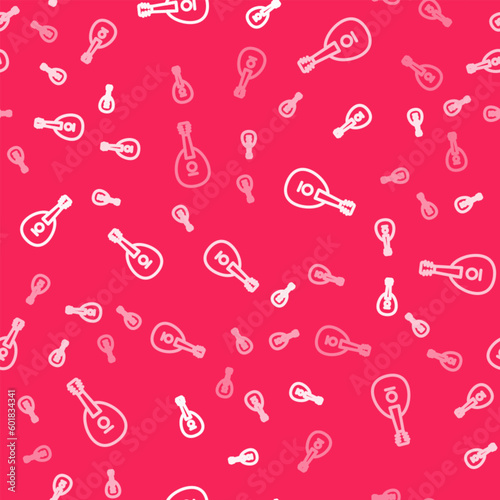 White line Traditional musical instrument mandolin icon isolated seamless pattern on red background. Vector