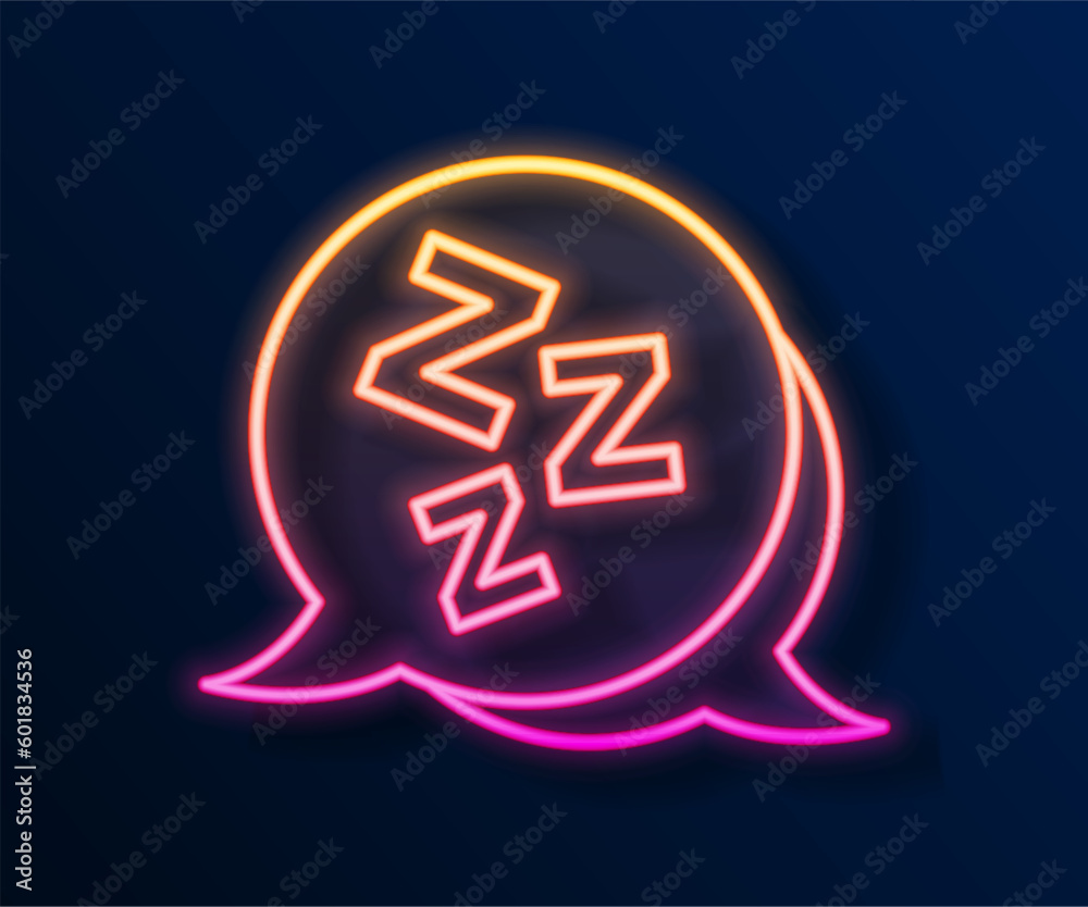 Glowing neon line Sleepy icon isolated on black background. Sleepy zzz talk bubble. Vector