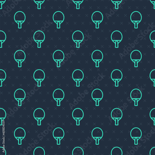 Green line Racket for playing table tennis icon isolated seamless pattern on blue background. Vector