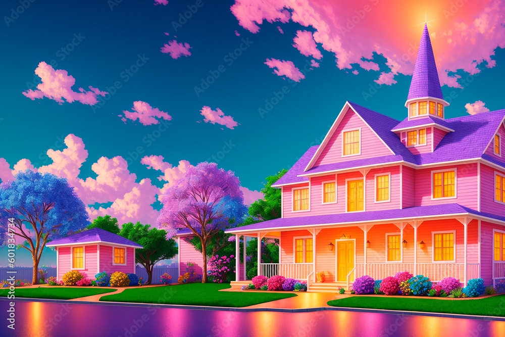 beautiful house with beautiful sky. Generative AI.