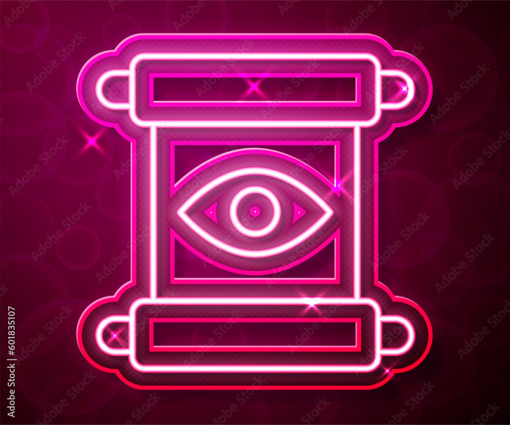 Glowing neon line Magic scroll icon isolated on red background. Decree, paper, parchment, scroll icon. Vector Glowing neon line Magic scroll icon isolated on red background. Decree, paper, parchment, scroll icon. Vector
