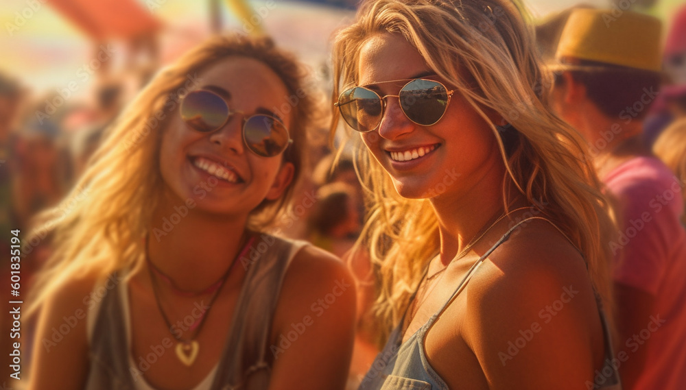 Group of friends having great time on music festival in the summer,Two young woman drinking beer and having fun at Beach party together. Happy girlfriends, Summer holiday, hipster girls vacation 