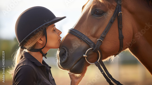 portrait vue de profil d'une cavalière face à face avec son cheval