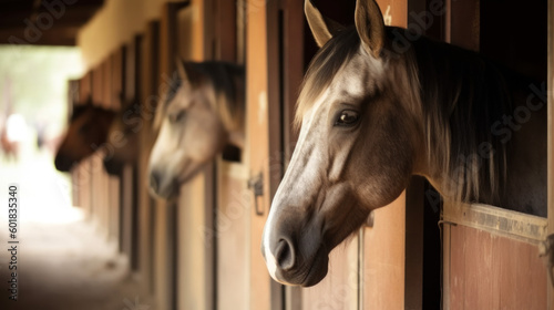 têtes de chevaux sortant de la porte de leurs box dans les écuries d'un club d'équitation photo
