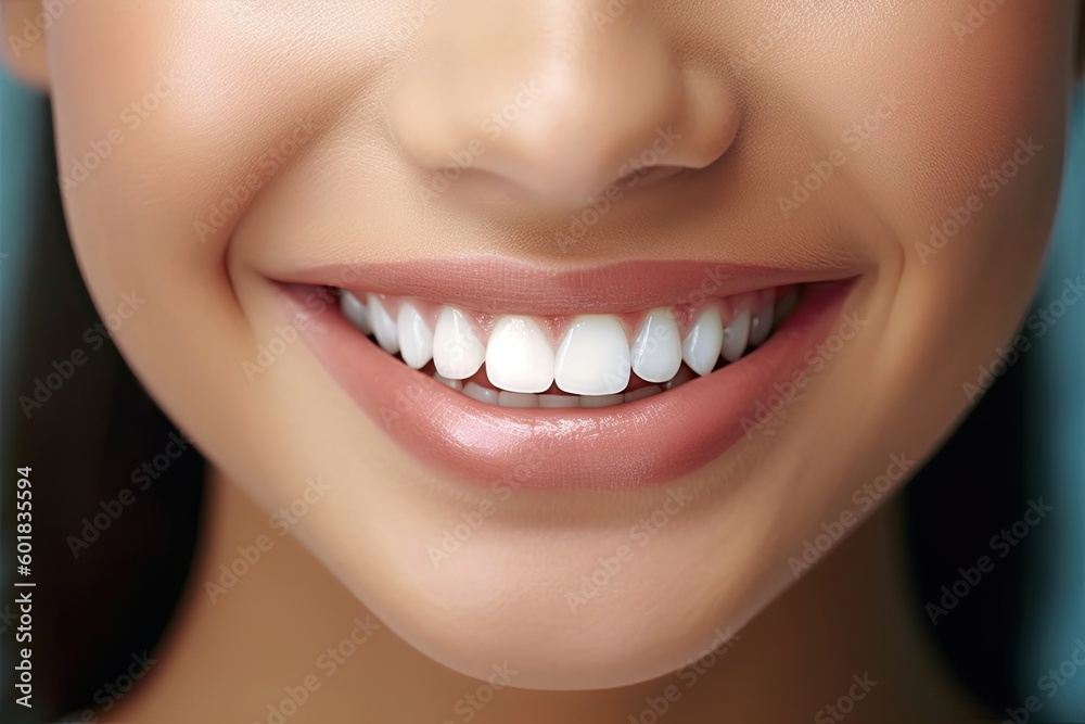 close-up of a woman with a snow-white Hollywood smile. Image generated by artificial intelligence