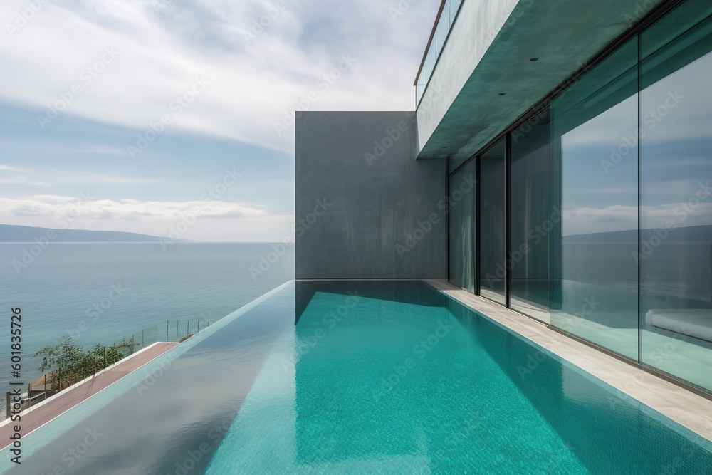 Fototapeta premium large swimming pool in an oceanfront apartment with ocean view ai generated 