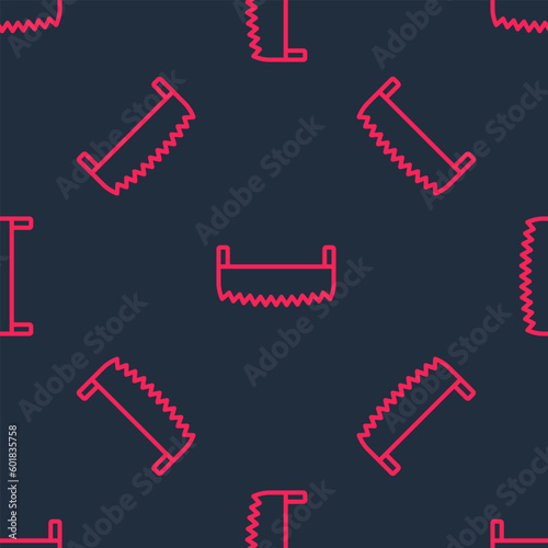 Red line Two-handed saw icon isolated seamless pattern on black background. Vector