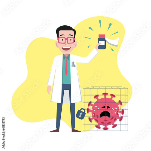 Doctor winner in white coat with medicine and virus in cell in tears