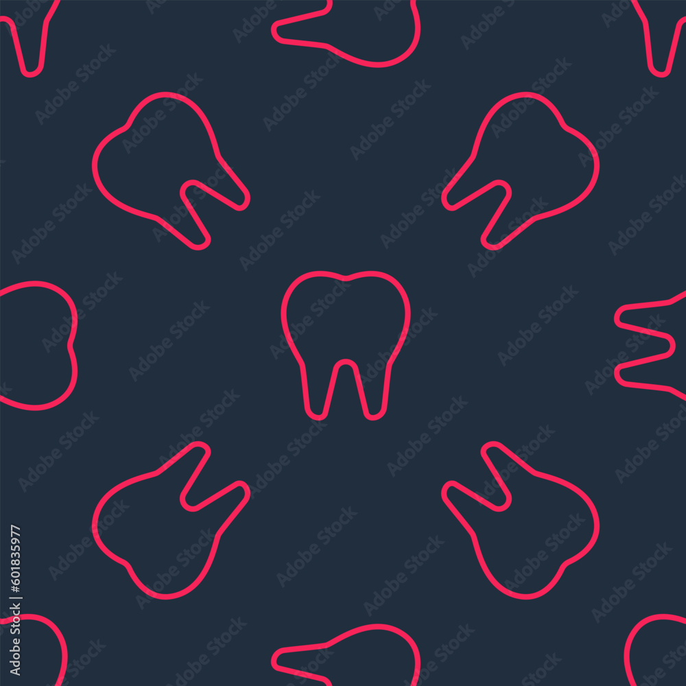 Red line Tooth icon isolated seamless pattern on black background. Tooth symbol for dentistry clinic or dentist medical center and toothpaste package. Vector Red line Tooth icon isolated seamless pattern on black background. Tooth symbol for dentistry clinic or dentist medical center and toothpaste package. Vector