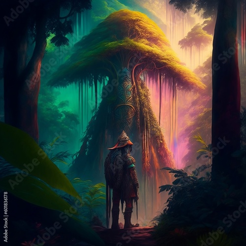 Amidst a lush jungle, a mysterious figure stands at the base of a massive tree © Дмитро Синятинський