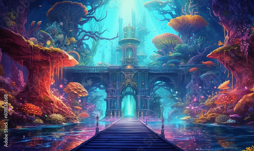 Fantasy-Tempelruine unter Wasser. Generative KI