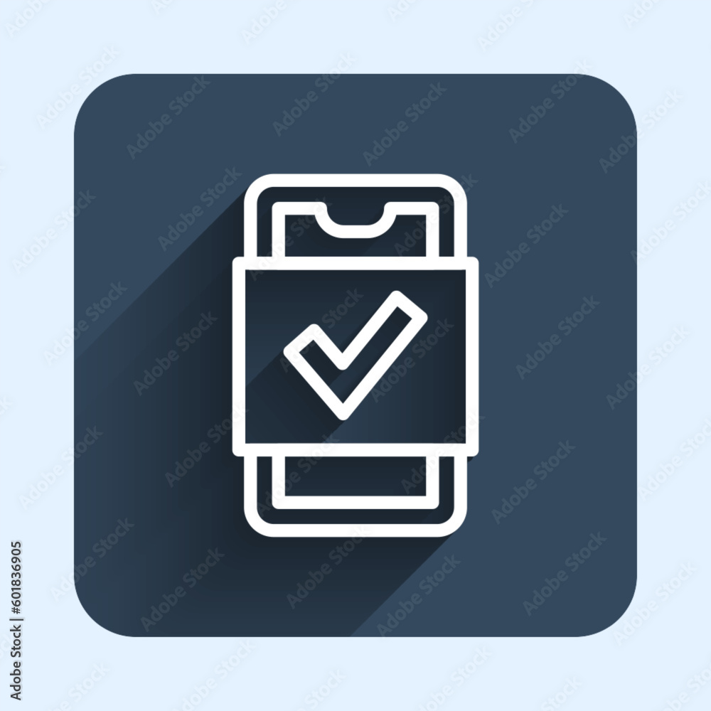 White line Mobile phone shopping icon isolated with long shadow background. Online buying symbol. Supermarket basket symbol. Blue square button. Vector White line Mobile phone shopping icon isolated with long shadow background. Online buying symbol. Supermarket basket symbol. Blue square button. Vector