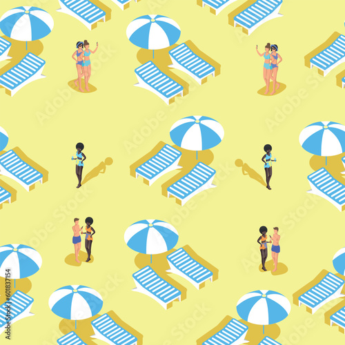 seamless pattern isometric sun loungers on the beach with people.vector illustration.