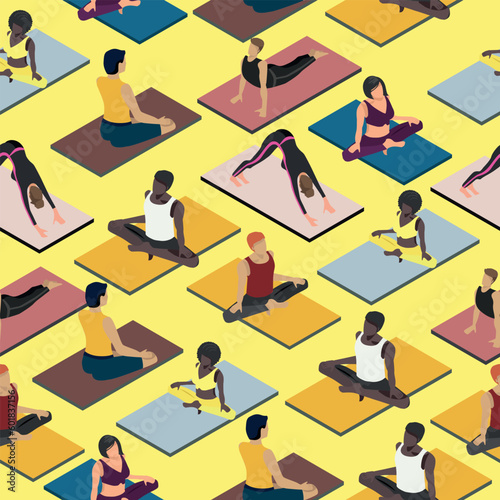 seamless pattern isometric people doing yoga.harmony. self-knowledge.vector illustration.