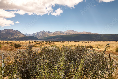 Typische neuseelandische Landschaft mit Bergpanorama im Hintergrund.