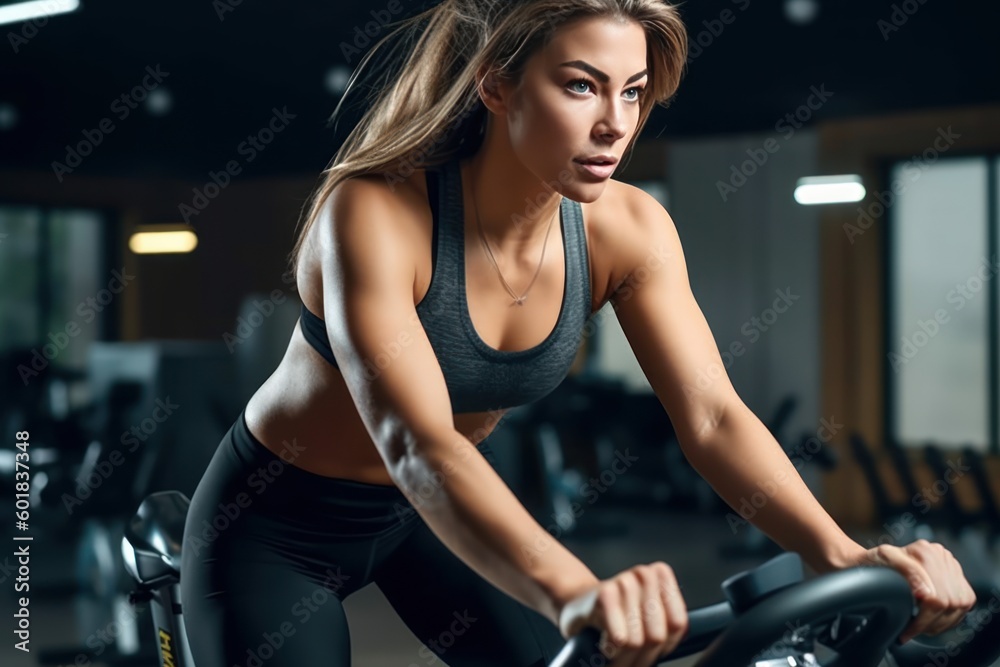 woman running on a stationary bicycle , ai, ai generative, illustration woman running on a stationary bicycle , ai, ai generative, illustration