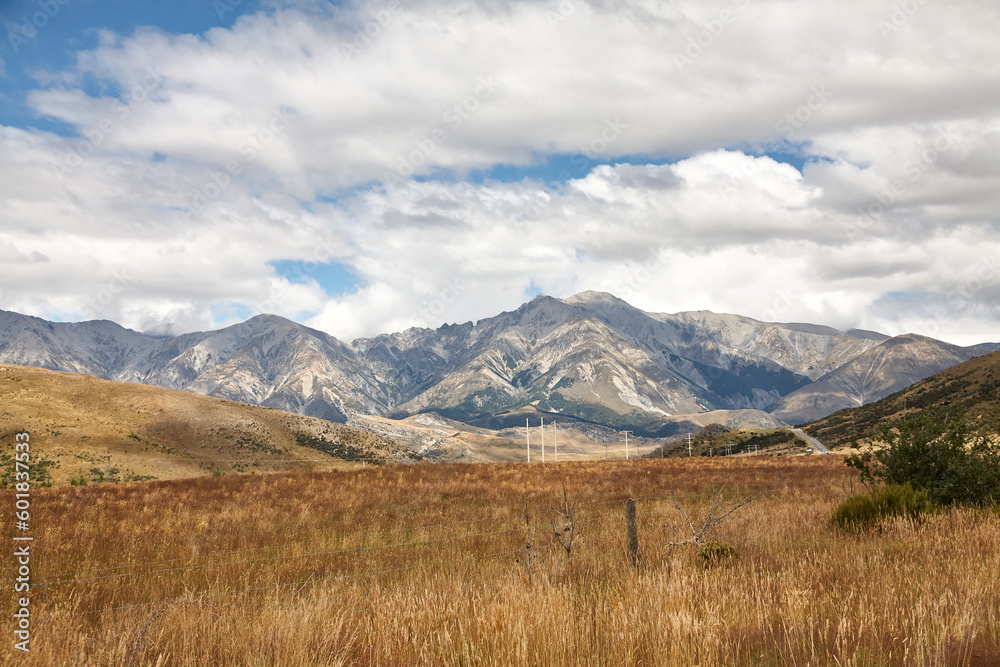 Typische neuseeländische Landschaft mit Blick auf ein Bergpanorama.