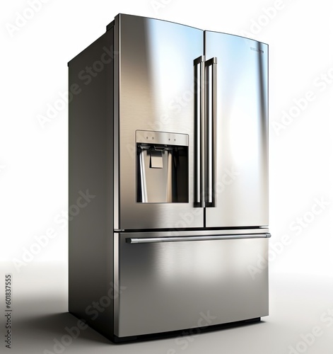 Top Mount Refrigerator Isolated on White Background. Modern Fridge Freezer. Electric Kitchen and Domestic Major Appliances created with Generative AI technology photo