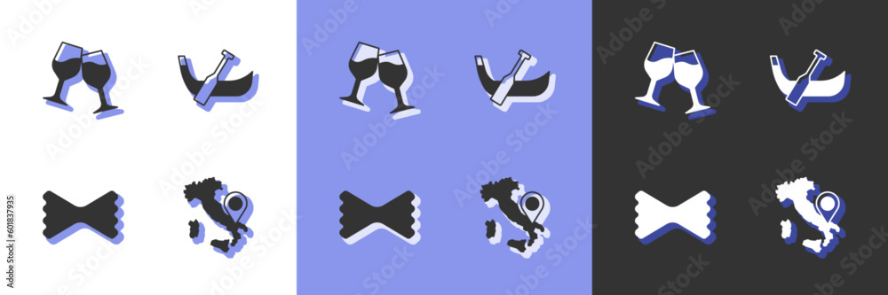 Set Map of Italy, Wine glass, Macaroni and Gondola boat icon. Vector