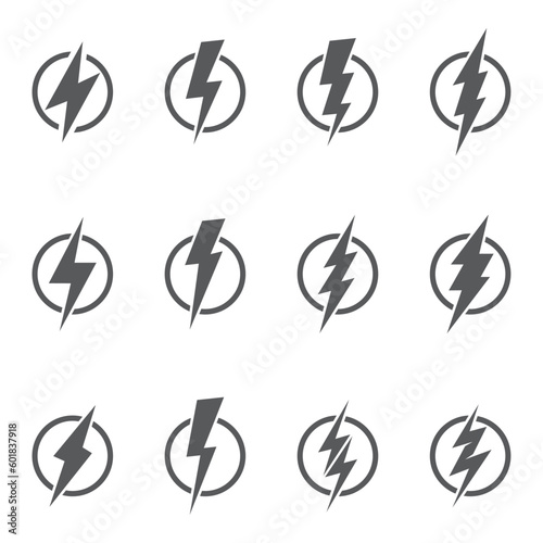 lightning bolt symbols in circles set in grey cut circle. Thunderbolt flat style. Lightning, Power icon set. Power Switch Icon. Electric power. fast charge icon set