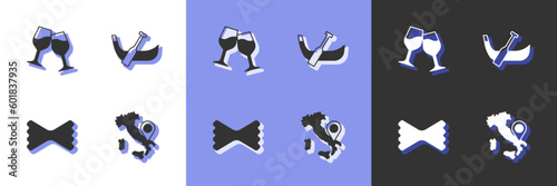 Set Map of Italy, Wine glass, Macaroni and Gondola boat icon. Vector