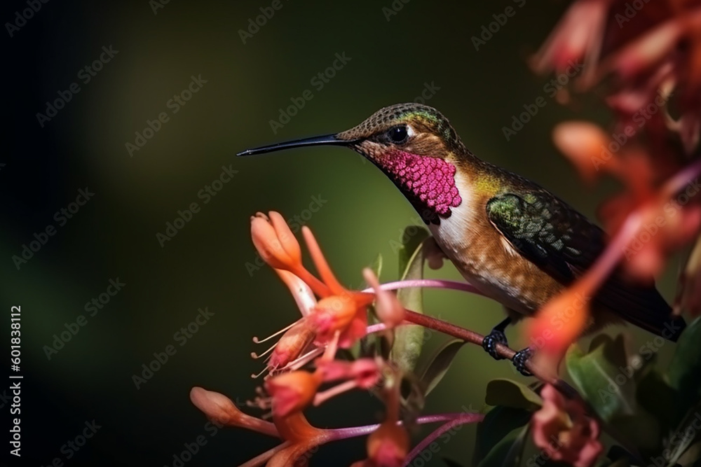 Obraz premium Hummingbird in flight sucking nectar from flowers. Tropical wildlife.