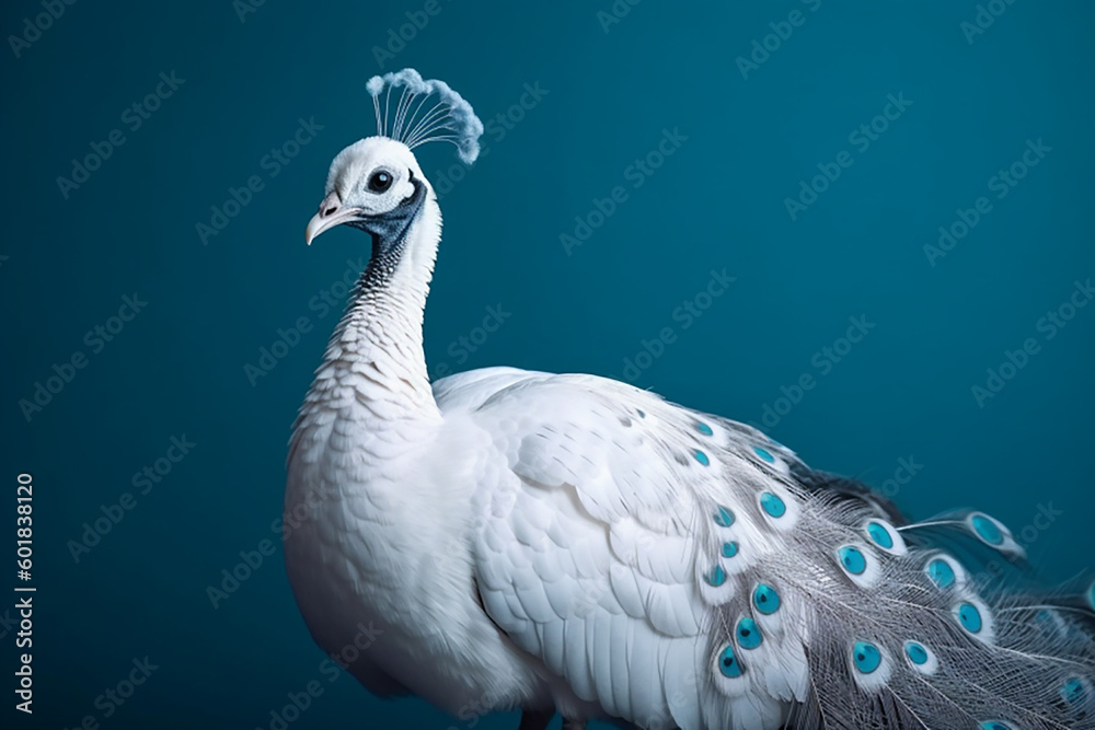 Fototapeta premium Beautiful peacock isolated on blue background