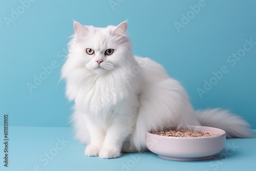 white cat sits and next to a bowl of food on a blue background, free space on the side