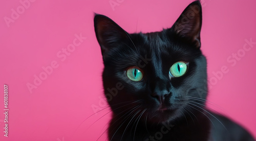 beautiful portrait of a black cat on a pink background