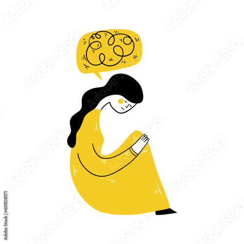 Unhappy woman outline illustration in modern style on white background. Background design. Modern design.