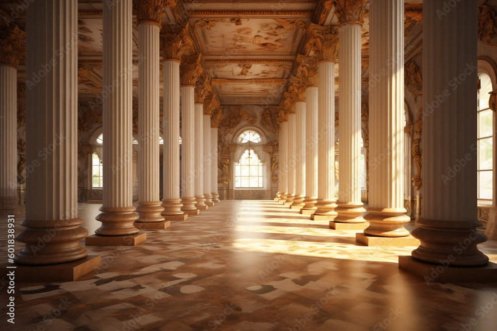 Fototapeta premium Grandiose 3D Column Wallpaper in an Old Palace Interior, generative Ai
