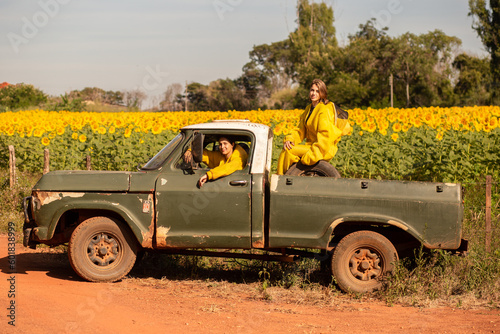 Duas apicultoras em uma caminhonete, parada em uma estrada de chão, visitando uma plantação de girassóis.