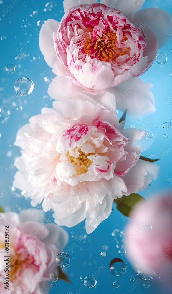 Beautiful flowers peonies floating on the water on a blue background. Top view, flat lay. Generative AI. Beautiful flowers peonies floating on the water on a blue background. Top view, flat lay. Generative AI.