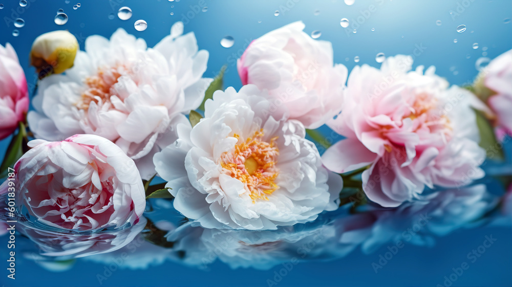 Beautiful flowers peonies floating on the water on a blue background. Top view, flat lay. Generative AI. Beautiful flowers peonies floating on the water on a blue background. Top view, flat lay. Generative AI.